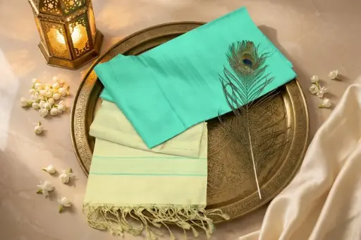 [54709001FQ63E0] Sea Green Raw Silk Saree with Striped Pallu