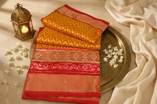 [54709001FQ72E0] Mustard Yellow and Red Patola Silk Saree with Zari