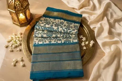 [54709001EP08E7] Teal Blue Handwoven Ikat Patola Pure Silk Saree