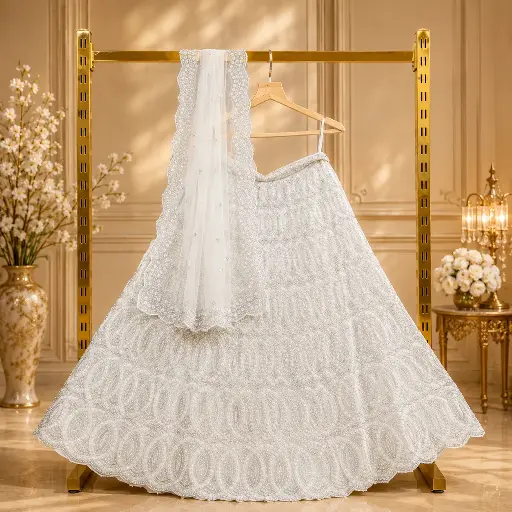 [00618001HN33B9] Women's White Lehenga Choli with Silver Sequin Embroidery and Net Dupatta