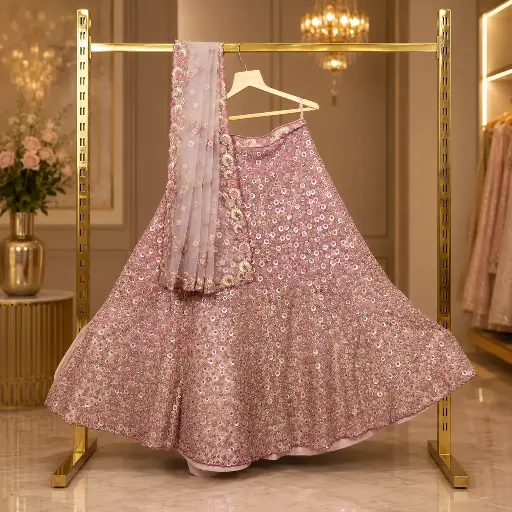 [00618001HN36B9] Women's Blush Pink Lehenga Choli with Sequin Embroidery and Net Dupatta