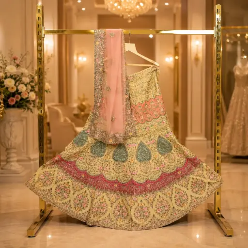 [00618001HN39B9] Women's Cream Bridal Lehenga Choli with Floral Embroidery & Peach Net Dupatta Wedding Set for Women
