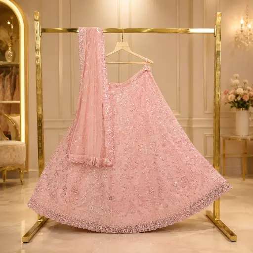 [00618001HO84C0] Women's Blush Pink Lehenga Choli with Sequin Floral Embroidery and Matching Dupatta
