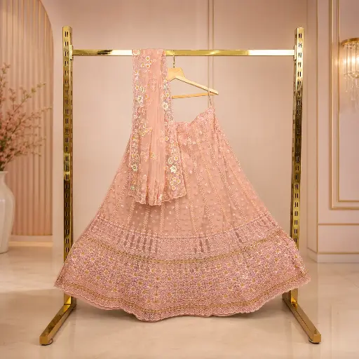 [00618001IC70B9] Women's Blush Peach Lehenga Choli with Floral Embroidery and Matching Dupatta