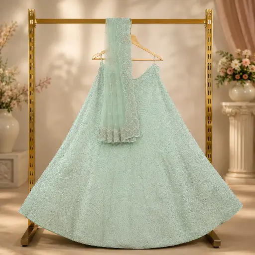 [00618001ML62B9] Women's Mint Green Lehenga Choli with Spiral Sequin Embroidery & Net Dupatta