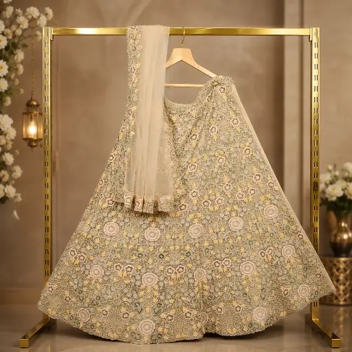 [00618001NX51B9] Women's Pastel Sage Green Lehenga Choli with Floral Embroidery and Net Dupatta