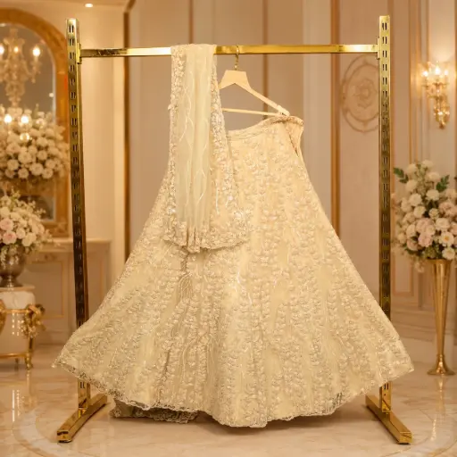 [00618001RC21B9] Women's Champagne Beige Bridal Lehenga Choli with Floral Sequin and Matching Net Dupatta Wedding Set