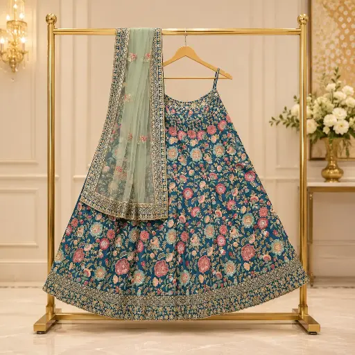 [00618001XO36B9] Women's Teal Blue Floral Embroidered Lehenga Choli with Mint Net Dupatta