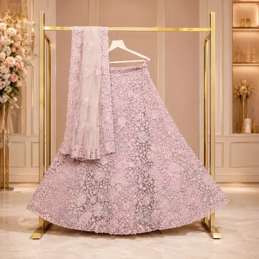 [00618001YB12B9] Pastel Lilac Embroidered Lehenga Choli with Floral Sequin Work and Net Dupatta