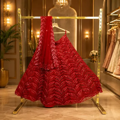 [00618001YS06B9] Women's Red Sequin Lehenga Choli with Chevron Embroidery and Matching Dupatta