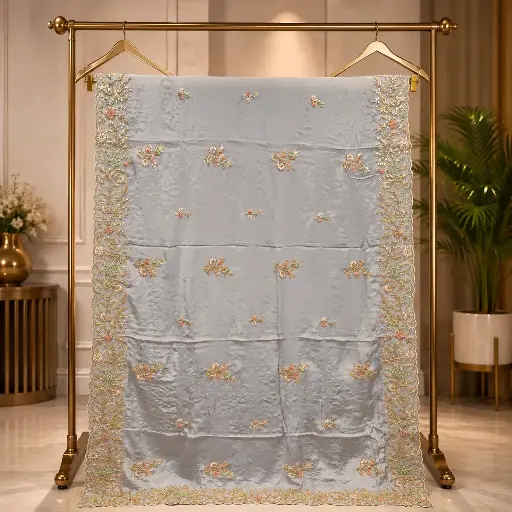 [00617001JF90A1] Ice Blue Embellished Saree with Gold Floral Buti Motifs and Ornate Border