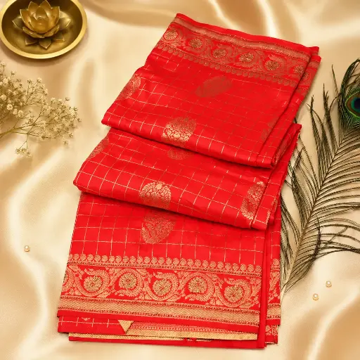 [00617012LB14B6] Women's Coral Pink Silk Blend Saree with Golden Zari Checks Border