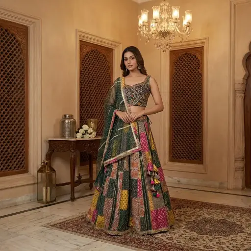 [79542012FH94D7] Bottle Green Multicolor Patchwork Embroidered Lehenga Choli Set