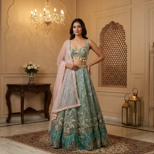 [79542025EQ54E8] Sea Green Embroidered Lehenga Set with Cowrie Shell Bustier