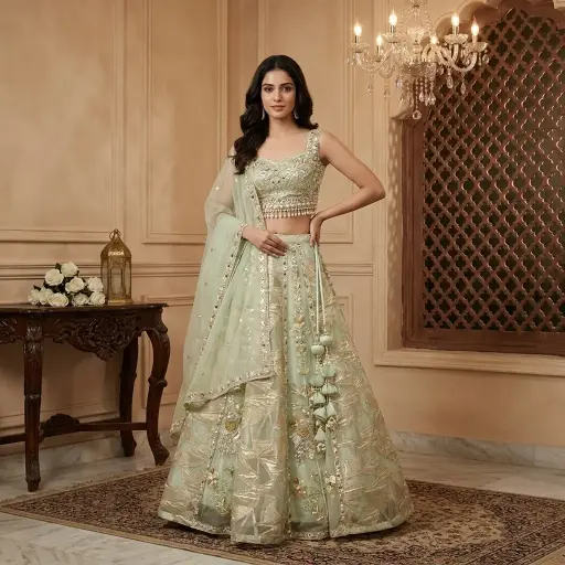 [79542032KK95E8] Pista Green Embroidered Lehenga Set with Beaded Blouse