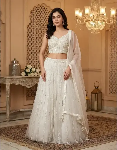 [79542044IA00C9] Ivory White Net Embroidered Crop Top Lehenga Set