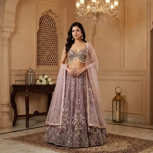 [79542070EQ54E8] Lavender Embellished Bustier Lehenga Set with Cowrie Shell Drops
