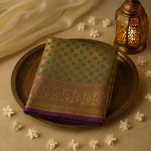 [37717001HW99C2] Elegant Mint and Purple Zari Woven Designer Silk Saree