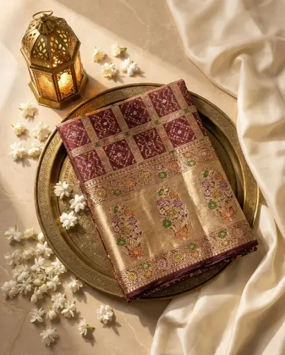 [37709001EB94E3] Maroon Georgette Bandhani Gharchola Saree With Banarasi Zari Border
