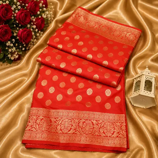 [37709001GQ41D1] Red Banarasi Silk Saree with Gold Zari Buta & Floral Border