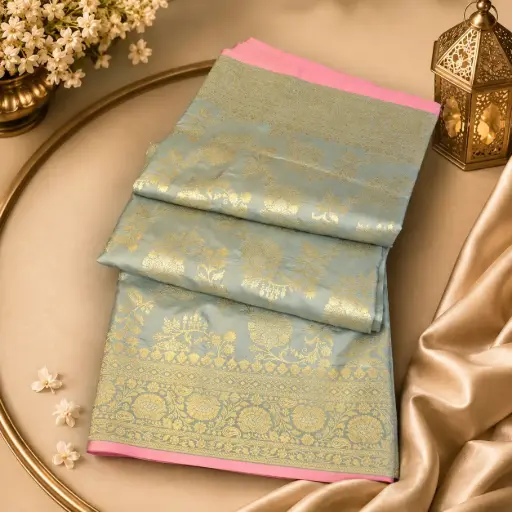 [37709001GQ44D1] Sky Blue Banarasi Silk Saree with Gold Zari Floral Weaving & Elegant Pink Border for Festive Wear 