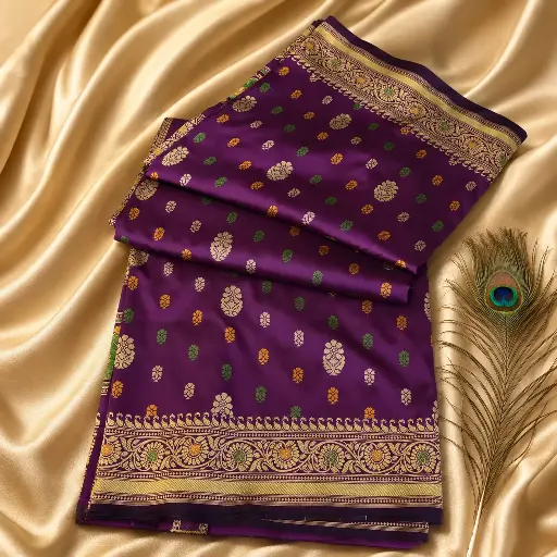 [37709001KP90D4] Purple Silk Saree with Multicolor Buti & Gold Zari Floral Border