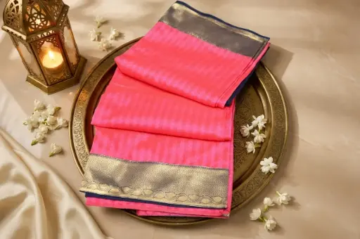[37709001QX7450] Rani Pink Woven Silk Saree with Zari Pallu 
