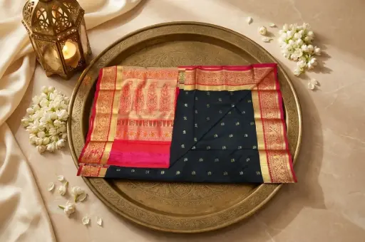 [55109001ND7060] Black and Rani Pink Banarasi Silk Saree with Zari