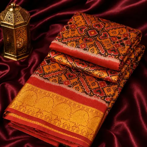 [07017001LJ20E1] Rust Orange Patola Print Saree with Golden Zari Border