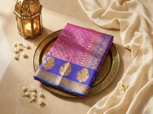 [15809001XT3524] Magenta and Royal Blue Silk Saree with Zari Weaving
