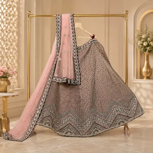 [46518034HN65C0] Women's Bronze Brown Lehenga Choli with Geometric Embroidery and Pink Dupatta