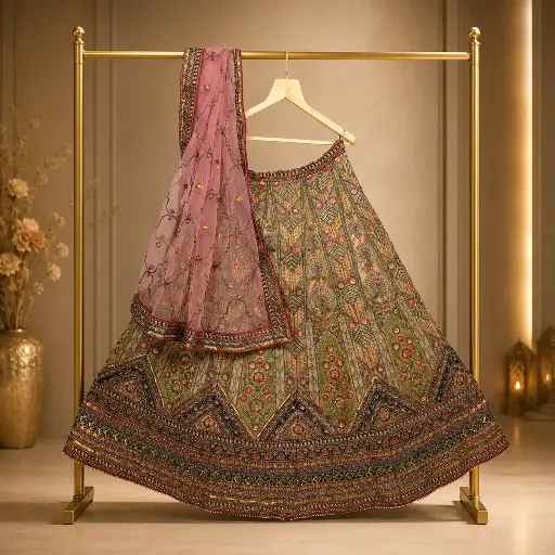 [46518053HN57C0] Olive Green Bridal Lehenga Choli with Heavy Embroidery and Pink Net Dupatta