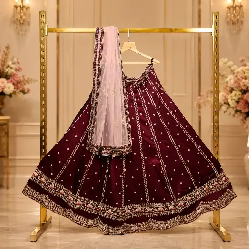 [71002001RF7298] Women's Wine Embroidered Lehenga Choli with Pink Net Dupatta