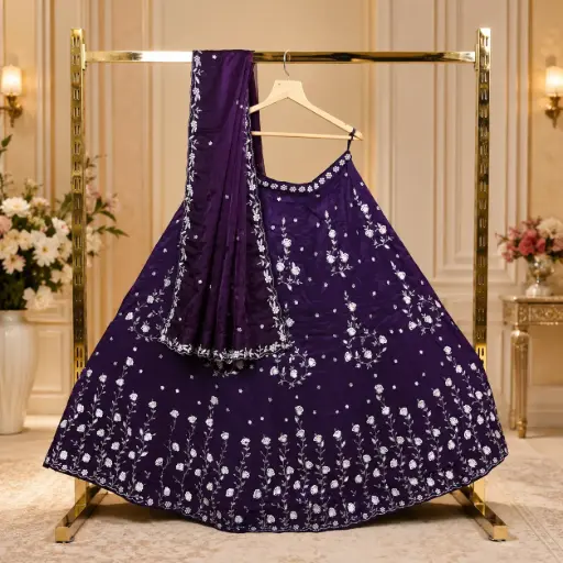 [71042001GO47D0] Women's Deep Purple Lehenga Choli with White Floral Embroidery and Matching Dupatta for Wedding Wear