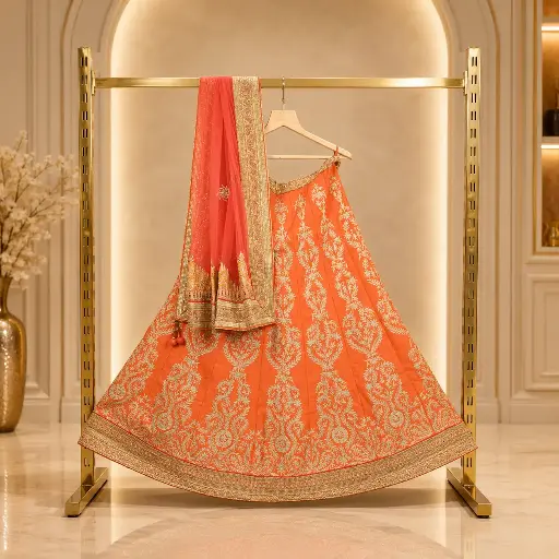 [28522001US2133] Women's Orange Embroidered Lehenga Choli Set with Dupatta