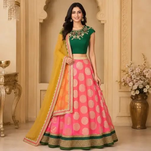 [03019003SA7737] Women's Pink Green Embroidered Lehenga Choli with Yellow Net Dupatta for Wedding Festive Party Wear