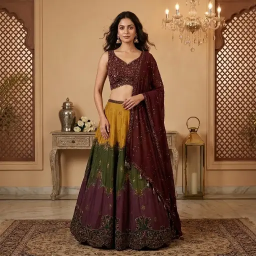 [03044028RY81C2] Maroon and Multi-Tone Hand-Embroidered Silk Lehenga Choli Set