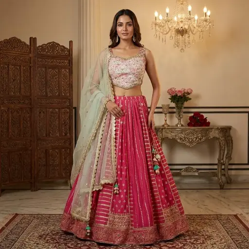 [03044031JJ40A4] Rani Pink Embroidered Lehenga Choli with Mint Dupatta