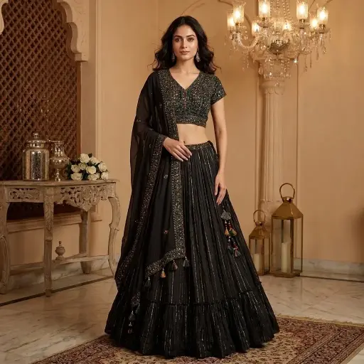 [03044034SM41B0] Black Embroidered Crop Top and Flared Lehenga Set