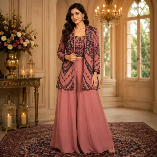 [03025031KH02C3] Dusty Rose Embroidered Palazzo Set for Women with Designer Jacket