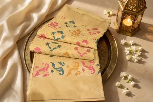 [27409005UH4833] Pastel Yellow Banarasi Silk Saree with Meenakari Weave