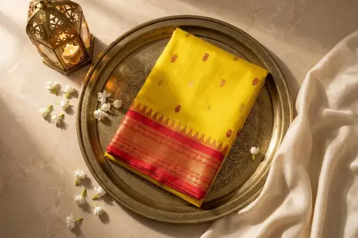 [81809001HS24C1] Mustard Yellow and Red Pure Kanchipuram Silk Saree