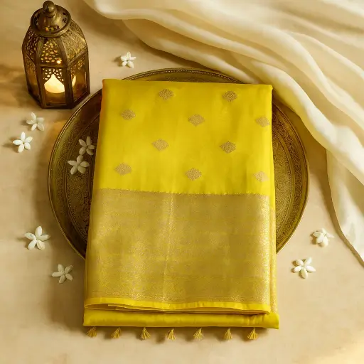 [15017001GC70C9] Radiant Yellow Banarasi Silk Saree with Contrast Bandhani Blouse
