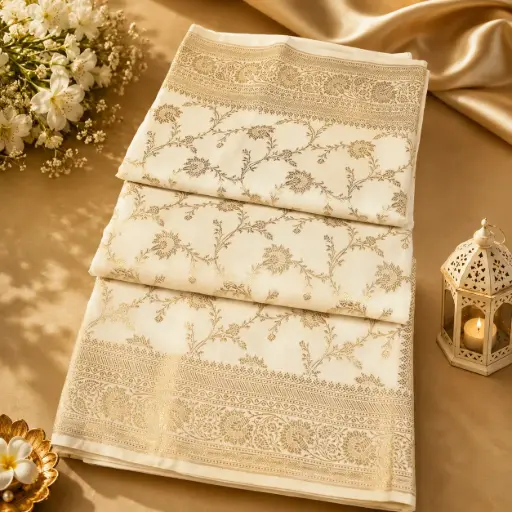 [96909001ER35E8] Cream Banarasi Silk Saree with Gold Floral Zari Weaving