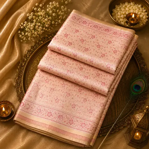 [96909001ER37E8] Baby Pink Banarasi Silk Saree with Floral Zari Weaving & Elegant Border