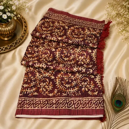 [54017012EA12E2] Elegant Maroon & Beige Ethnic Printed Saree with Tassels