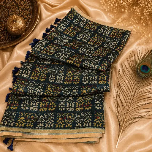 [54017012EA14E2] Elegant Navy Blue Floral Printed Cotton Linen Saree with Tassels & Traditional Ethnic Wear