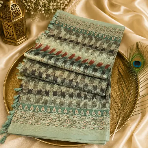 [54017012FZ46E2] Elegant Mint Green Ikat Silk Blend Saree with Floral Border & Tassel Pallu