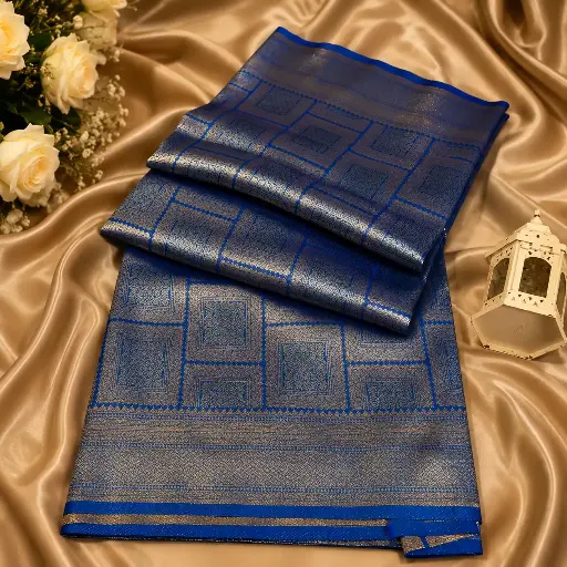 [54017001FZ85E2] Elegant Royal Blue Banarasi Silk Saree with Silver Zari Checks and Rich Woven Border