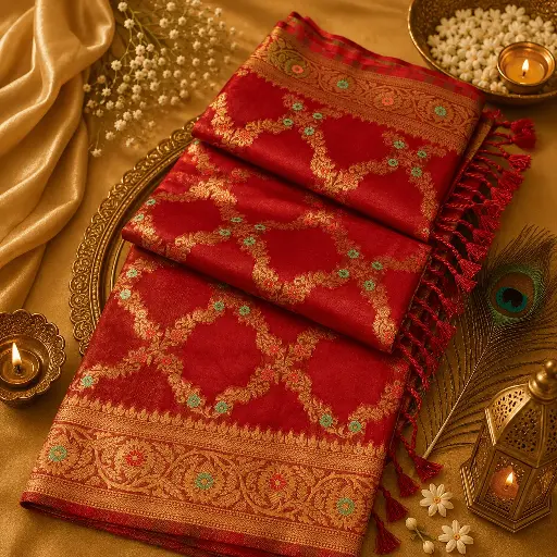 [54017012IX23B5] Elegant Ruby Red Banarasi Silk Saree with Gold Zari Floral Weave & Designer Border 